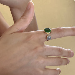 Cushion Grey Green 18K Gold Plated Enamel Free Size Ring For Women