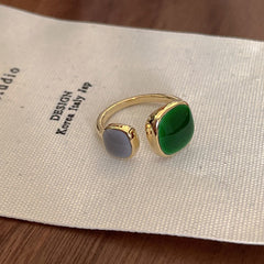 Cushion Grey Green 18K Gold Plated Enamel Free Size Ring For Women
