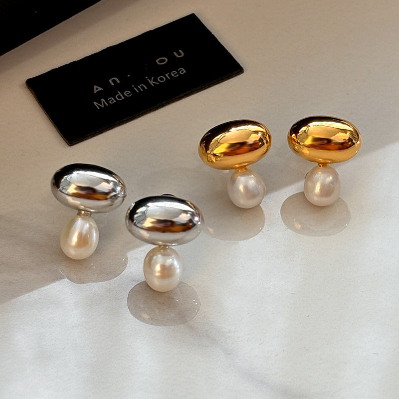 Gold Silver Oval Pearl  Anti Tarnish Copper Drop Earrings For Women 