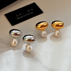 Gold Silver Oval Pearl  Anti Tarnish Copper Drop Earrings For Women 