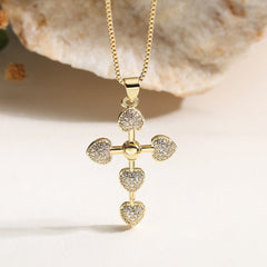 Gold Heart Cross Cubic Zirconia Copper Pendant Chain For Women
