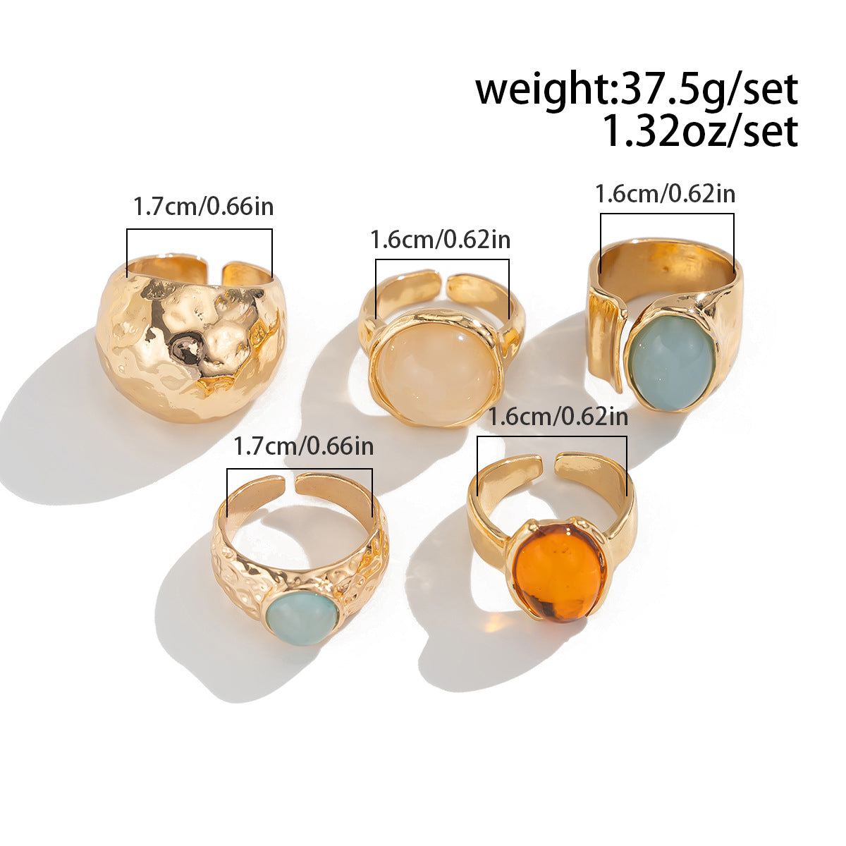 Beaten Finish Green Orange Gemstone 18K Gold Free Size Ring Combo Pack Of 5 For Women