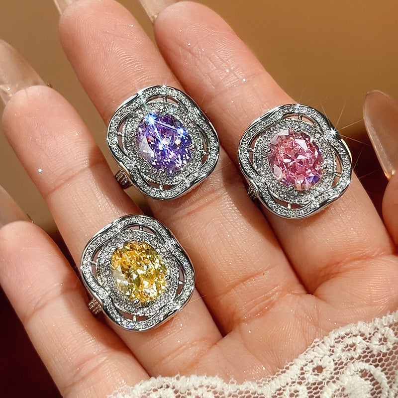 Cushion Silver Pink Purple Yellow Solitaire Cubic Zirconia Anti Tarnish Free Size Ring For Women