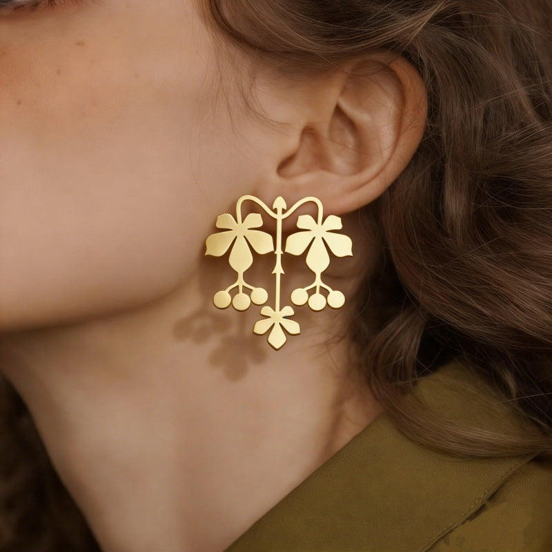Gold Flower Plain Dangler Earrings For Women