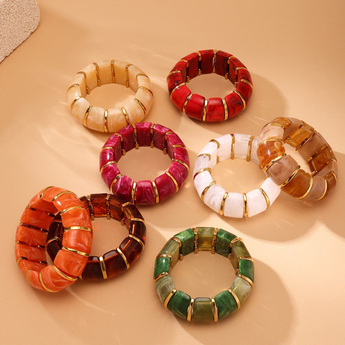 Glossy Resin Multi 18K Gold Stainless Steel Stretch Elastic Bracelet For Women