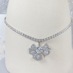 Luxury CZ Crystal Silver Bow Anti Tarnish Copper Necklace For Women