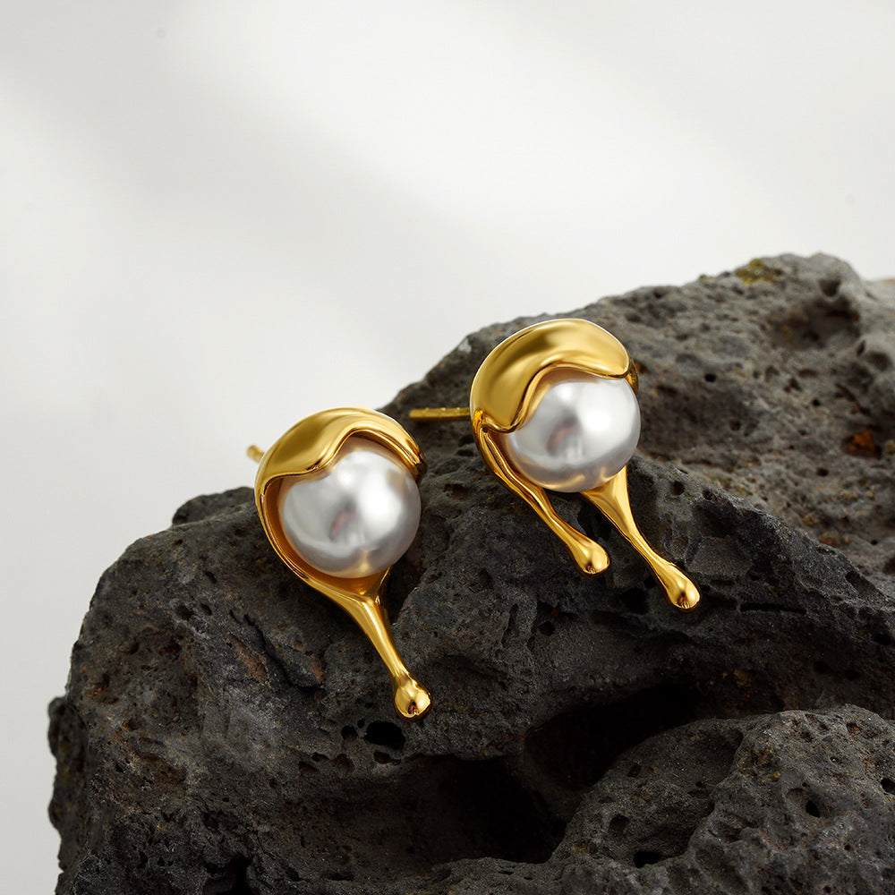Organic Drop Gold Pearl Anti Tarnish Stainless Steel Stud Earrings