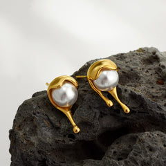 Organic Drop Gold Pearl Anti Tarnish Stainless Steel Stud Earrings