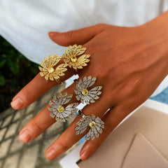 Gold Silver Flower Cubic Zirconia Copper Adjustable Ring For Women 