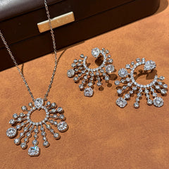 Silver Elegant Sunburst Cubic Zirconia Copper Necklace Combo Set Women