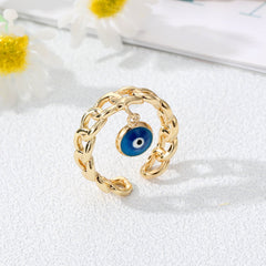 Evil Eye Charm Blue Enamel 18K Gold Adjustable Curb Chain Band Ring For Women