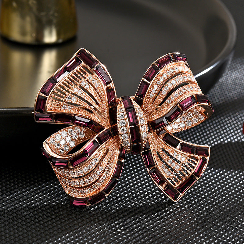 Rose Gold Plated Bow Burgundy Baguette CZ Enamel Copper Brooch For Women