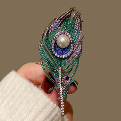 Multi Color Peacock Feather Gold Cubic Zirconia Copper Brooch For Women