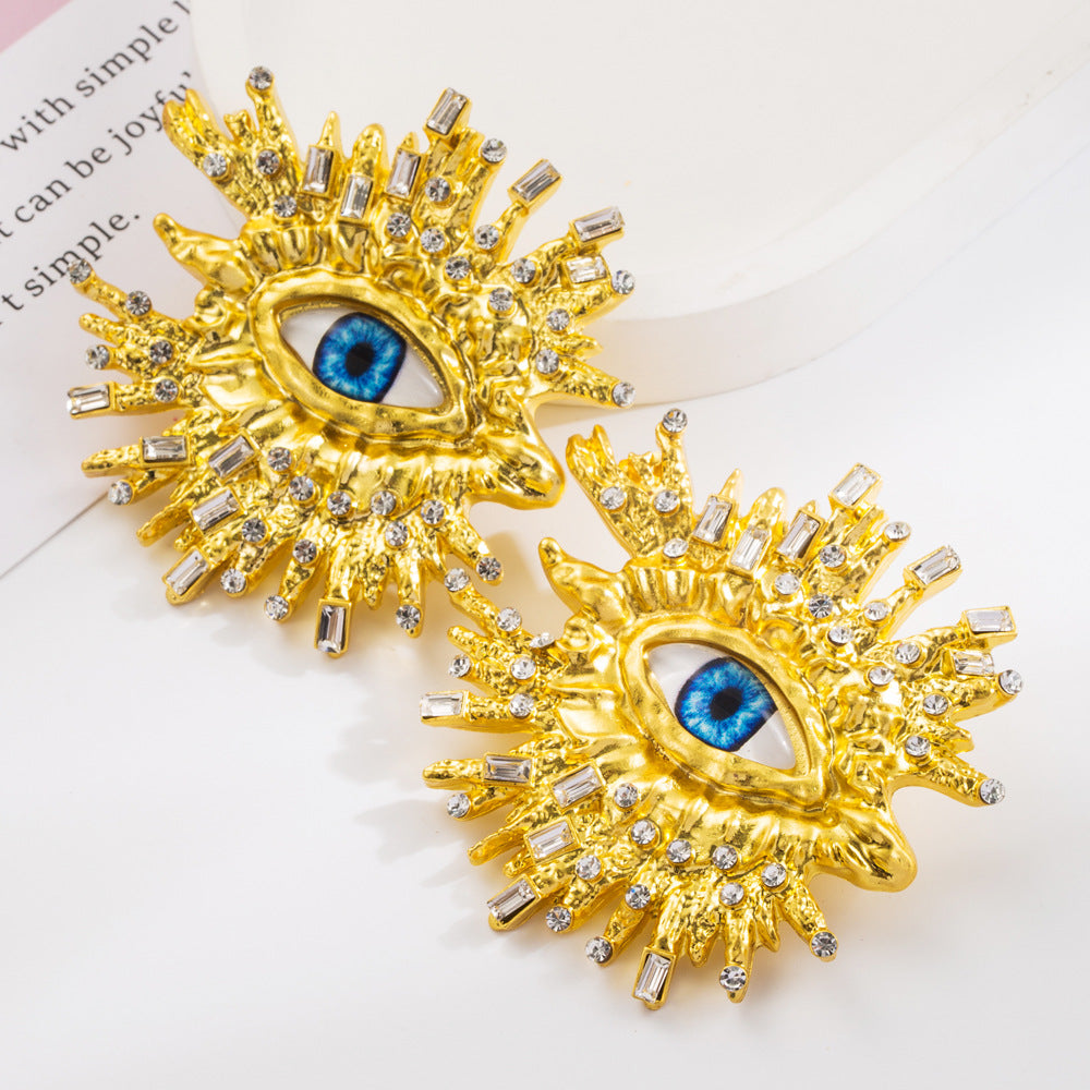 Beaten Finish Big Eyelash Evil Eye Baguette Cubic Zirconia 18 Gold Stud Earring For Women