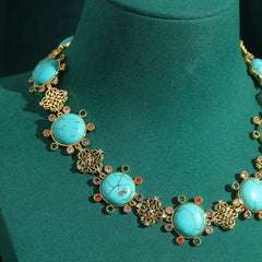 Luxury Gold Plated Turquoise Blue Faux Stone CZ Filigree Copper Necklace