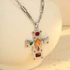 Jesus Cross Silver Brown Multi Gemstone Stainless Steel Anti Tarnish Pendant Chain Necklace For Women