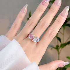 Pink White Heart Pear Cubic Zirconia Copper Adjustable Ring For Women
