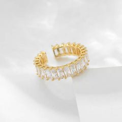 Baguette Cubic Zirconia 18K Gold Silver Anti Tarnish Adjustable Band Ring For Women