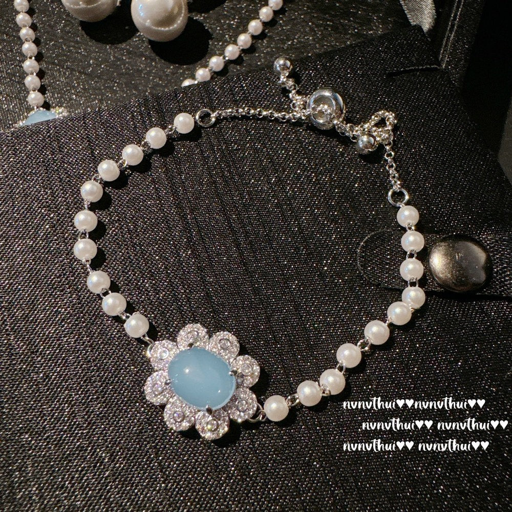 Blue Flower Silver Plated Cubic Zirconia Alloy Bracelet For Women