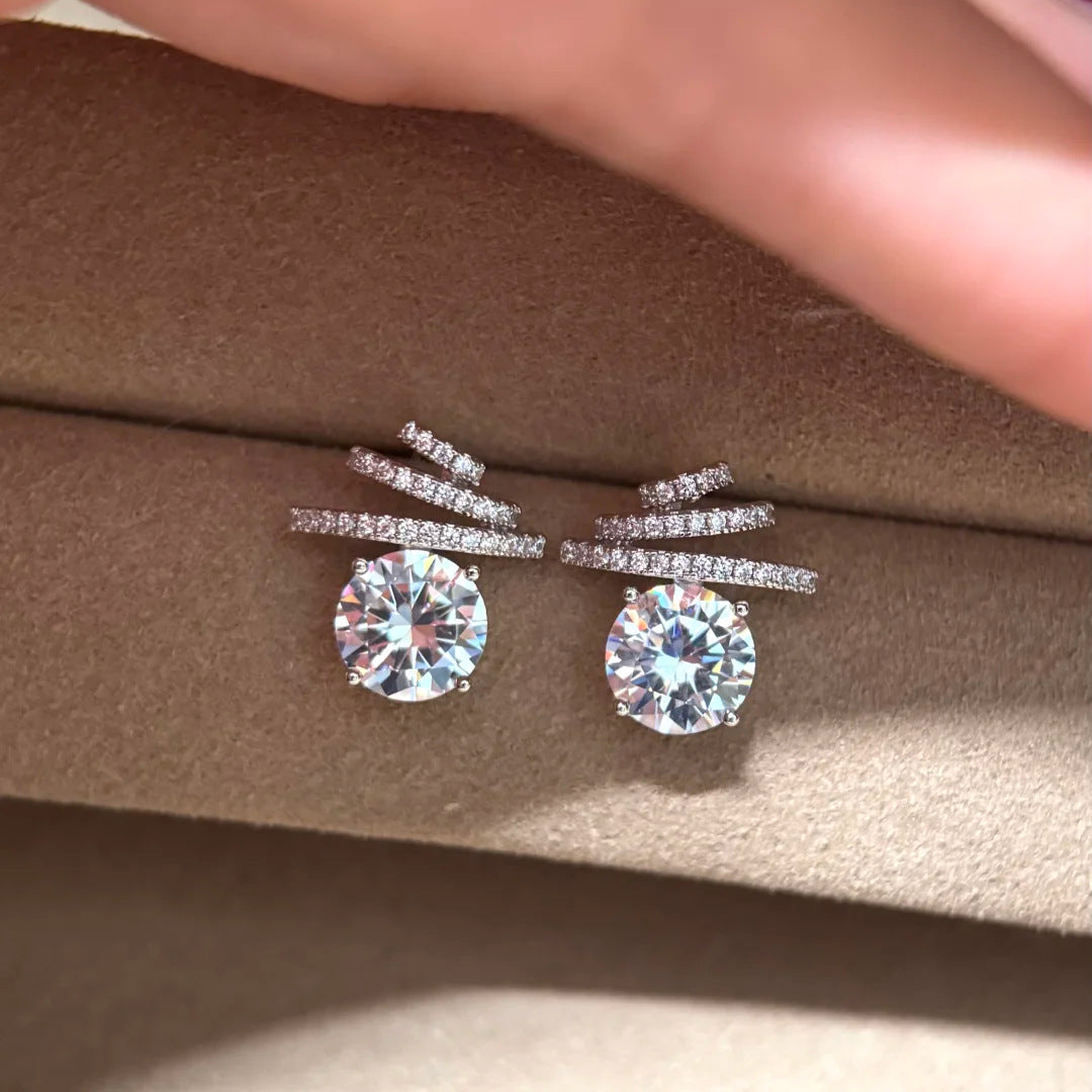 Designer Layered Bar Round Silver CZ Anti Tarnish Copper Stud Earrings