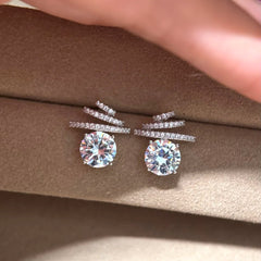 Designer Layered Bar Round Silver CZ Anti Tarnish Copper Stud Earrings