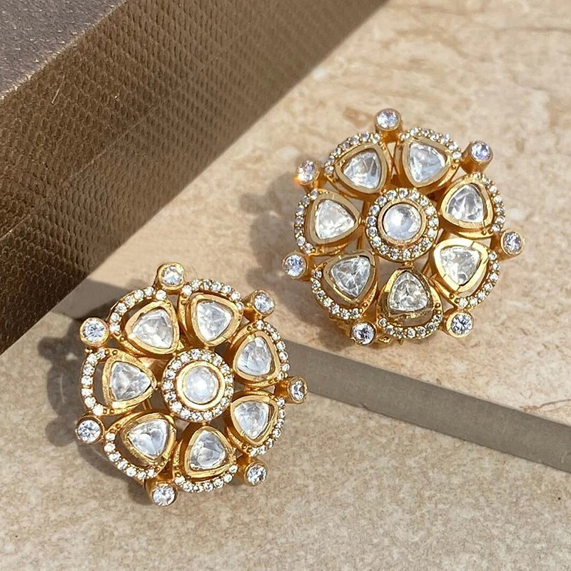 Gold Flower Kundan-Polki Anti Tarnish Copper Stud Earrings Women 