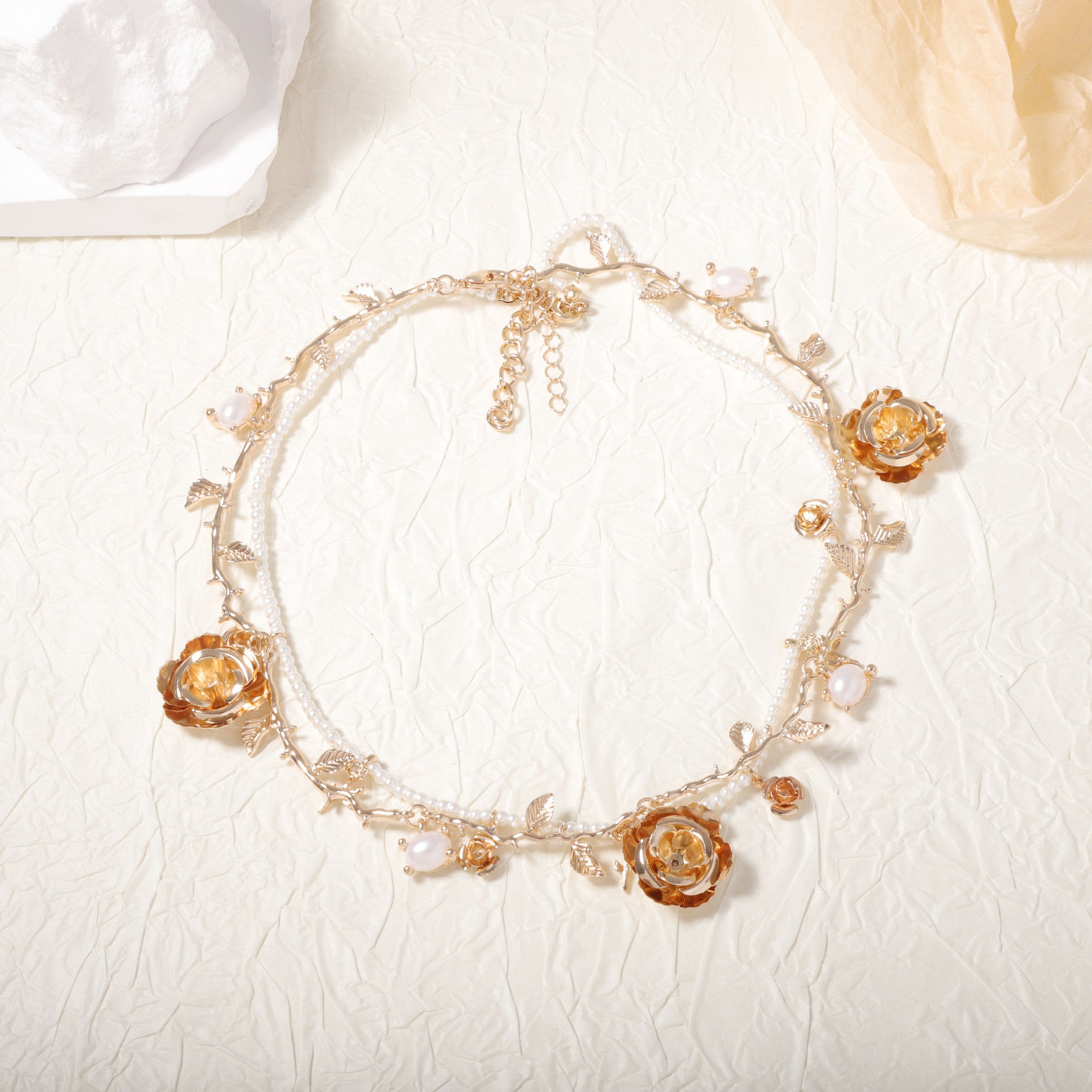 Rose Leaves 18K Gold Silver Pearl Cubic Zirconia Layer Necklace For Women