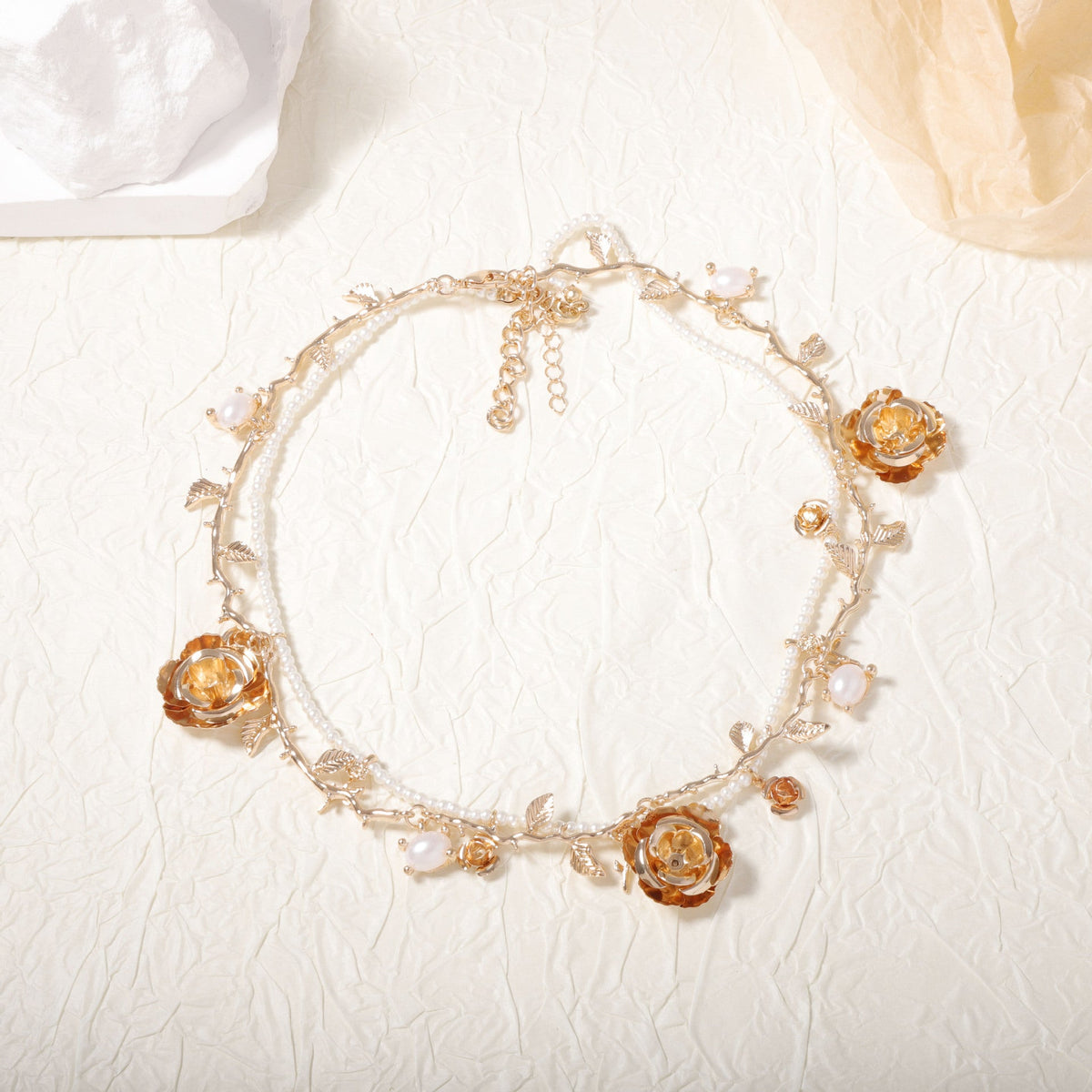 Rose Leaves 18K Gold Silver Pearl Cubic Zirconia Layer Necklace For Women