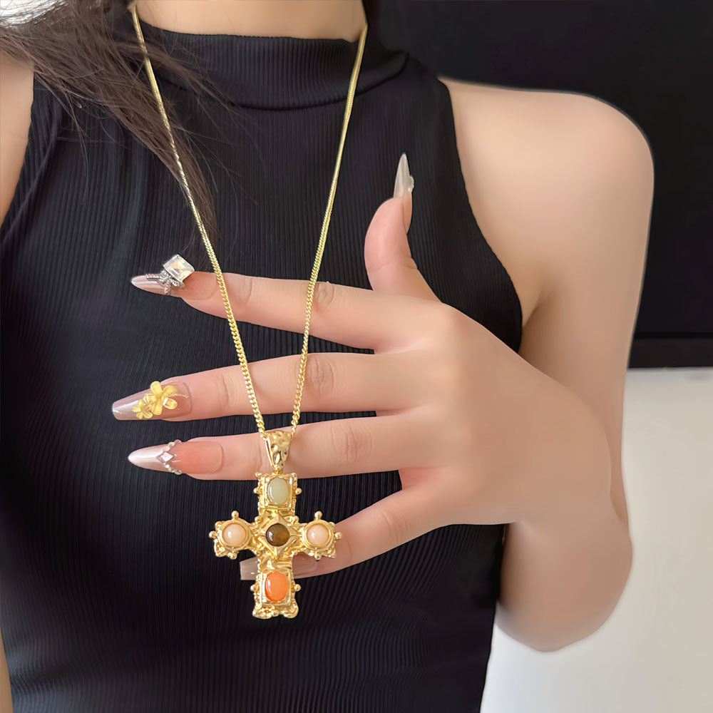 Designer Multi Color Stone Cross Pendant Gold Plated CZ Copper Necklace