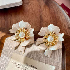 Designer Floral Gold Plated White Mother of Pearl Alloy Stud Earrings