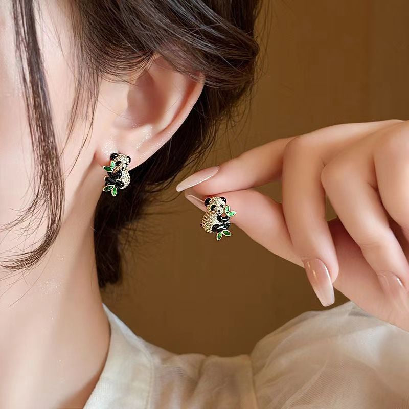 Luxury Gold Plated Panda Bear Green Enamel CZ Crystal Stud Earrings