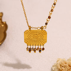 Designer Evil Eye Gold Brown Beads Tassel Stainless Steel Necklace