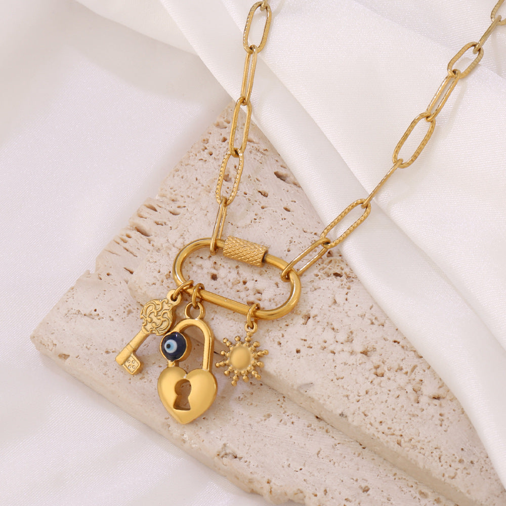 Evil Eye Sun Key Lock Charm 18K Gold Stainless Steel Anti Tarnish Enam ...
