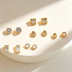 Designer Round Teardrop Square Heart Gold Plated CZ Copper Stud Earrings