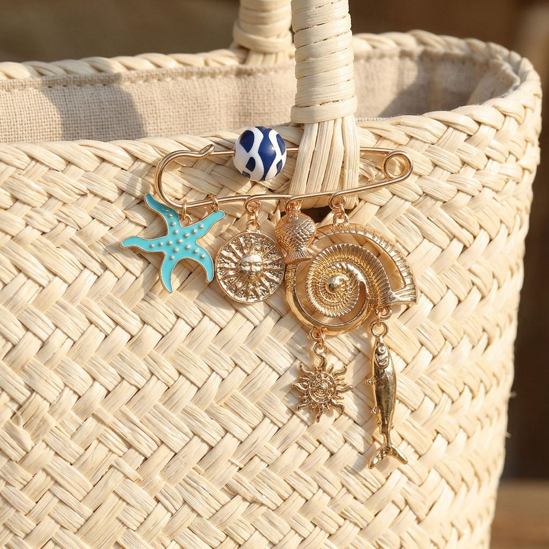 Blue Gold Ocean Safety Pin Enamel Brooch For Women