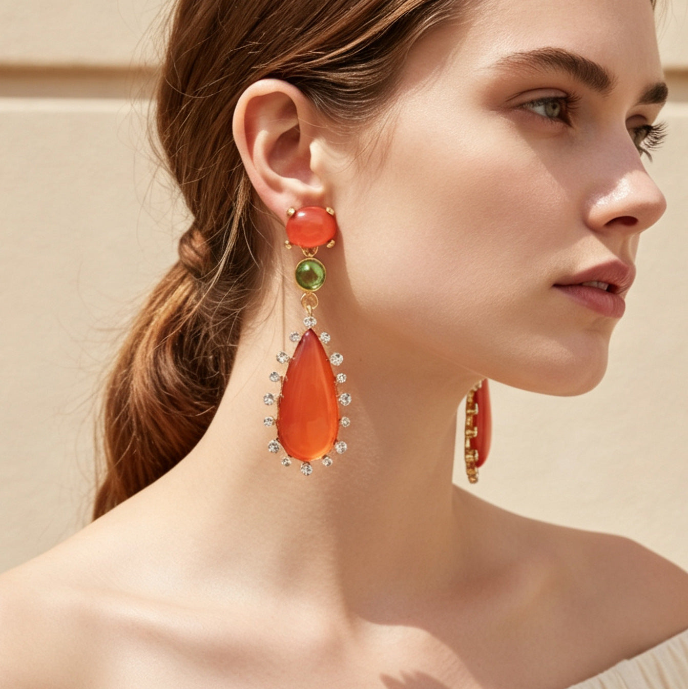 Multi Color Gemstone Gold Plated White CZ Teardrop Dangler Earrings