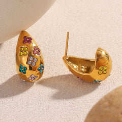 Flower Multi 18K Gold Cubic Zirconia Stainless Steel Stud Earring For Women