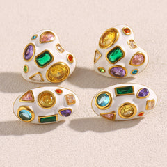 Heart Oval 18K Gold Cubic Zirconia Enamel Stainless Steel Stud Earring Pair Women