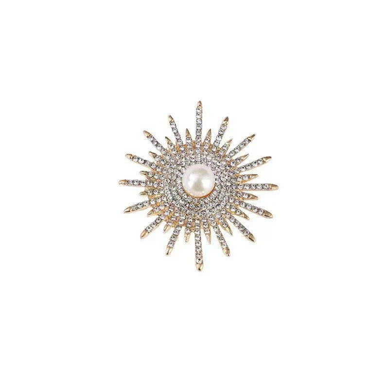 Designer Sunburst Gold Silver Plated CZ Pearl Alloy Brooch For Women