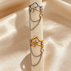 Dual Tone Gold Silver CZ Crystal Chain Stainless Steel Cocktail Ring