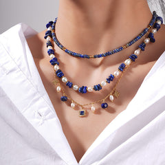 Pearl Star Blue Beads Charm Necklace Pendant Chain For Women
