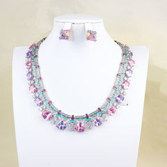 Luxury Silver Tone Pink Purple White CZ Copper Necklace Earring Set