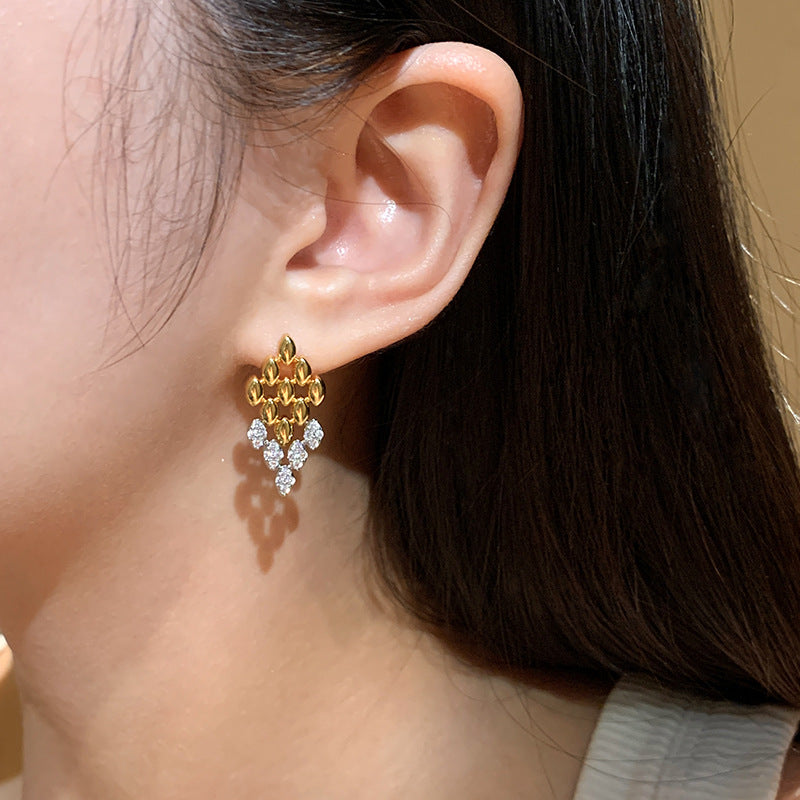 Gold Designer Dual Tone Oval Cubic Zirconia Copper Drop Earrings 