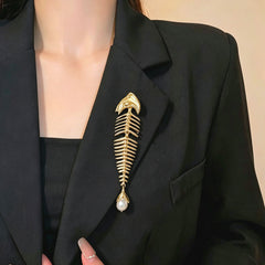 Designer Fish Skeleton Gold Silver Plated Pearl Brooch For Women