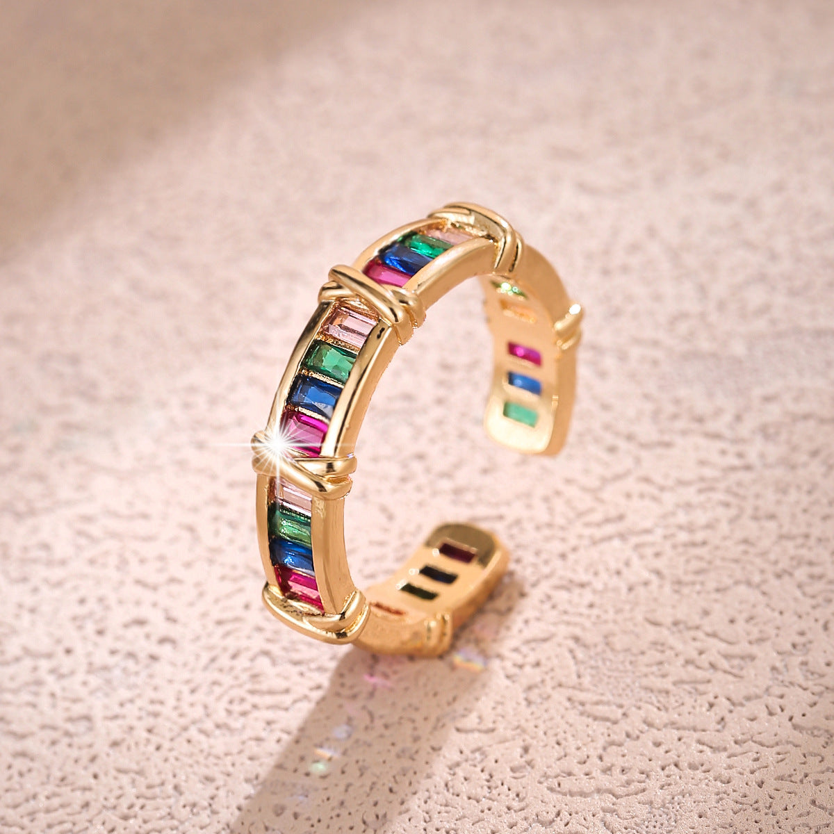 Multi Color Baguette Open Gold Plated CZ Copper Fancy Ring For Women