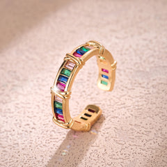 Multi Color Baguette Open Gold Plated CZ Copper Fancy Ring For Women