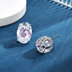 Luxury Purple Oval Silver Plated CZ Anti Tarnish Copper Stud Earrings