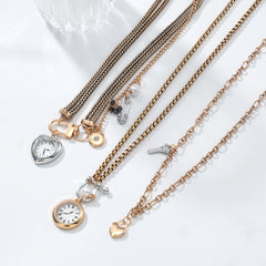 Multi-Layered Vintage Watch & Heart Charm Gold Silver Plated Necklace
