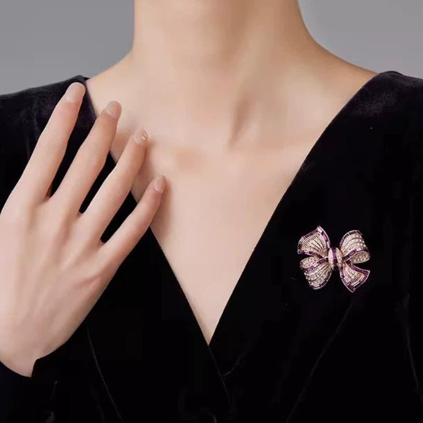 Bow Burgundy Baguette Rose Gold Silver Plated CZ Enamel Copper Brooch