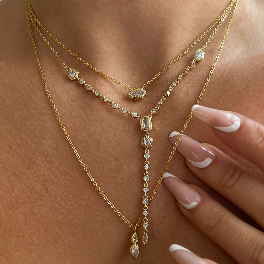 Dual Drop Solitaire Cubic Zirconia 18K Gold Anti Tarnish Necklace Pendant Chain For Women